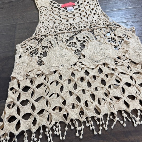 Soul Cake Crochet Lace Tank Top Beige Floral Fringe Boho Festival Size S M - Picture 2 of 4